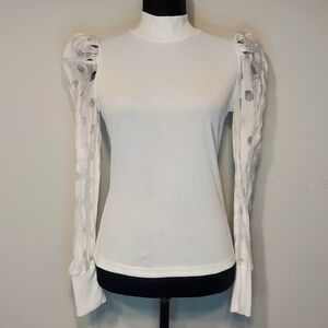 CBR Women's White Mock-neck Ribbed Top Sheer Patterned Sleeves Size Small